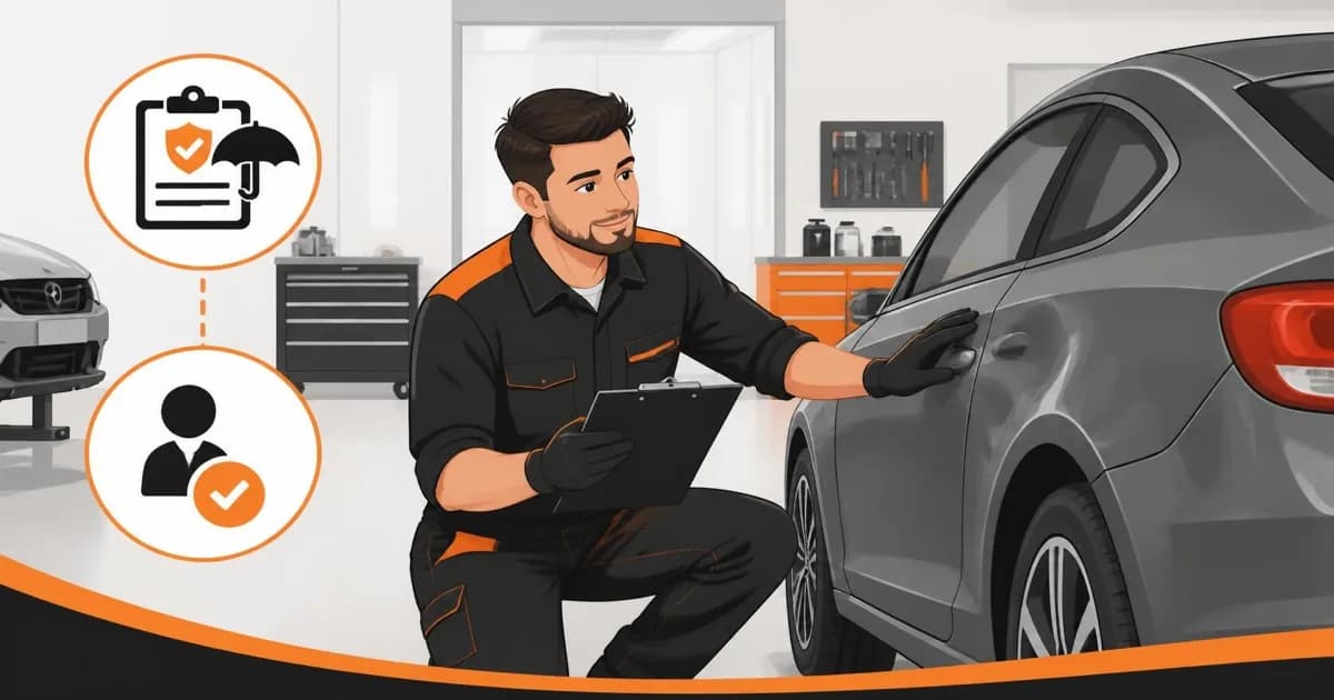 Flat illustration of a bodyshop technician inspecting a dented car panel with a clipboard, with insurance-approved and claims icons, orange and black accents