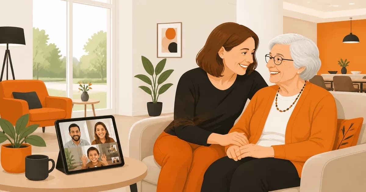 An adult daughter sitting with her elderly mother in a bright care home lounge, both smiling, with a tablet nearby showing a family video call