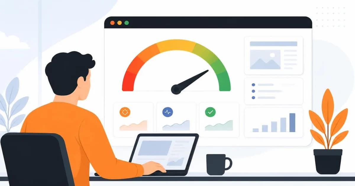 Illustration of a web developer at a laptop watching a Core Web Vitals speed gauge move from red to green on a dashboard.