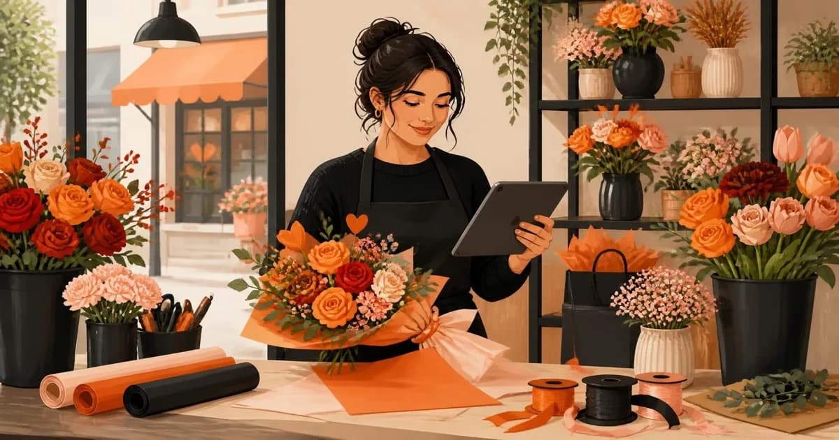 A florist arranging an orange Valentine's bouquet while checking rush orders on a tablet.