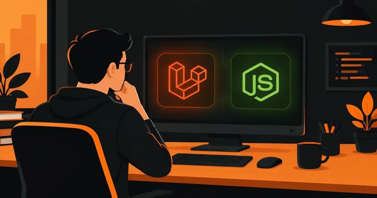 A developer sitting at a desk comparing glowing Laravel and Node.js logos on a monitor, flat illustration style.