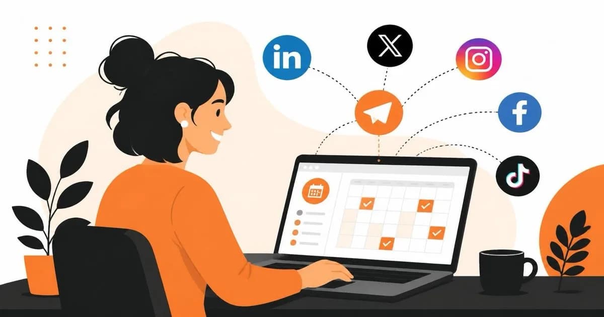 A person smiling while scheduling social media posts on a laptop calendar, with LinkedIn, X, Instagram, Facebook and TikTok icons connected around it.
