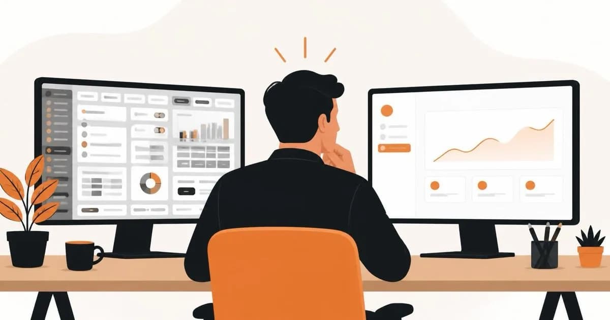 Flat illustration of a business owner at a desk comparing a cluttered software screen with a clean custom built one