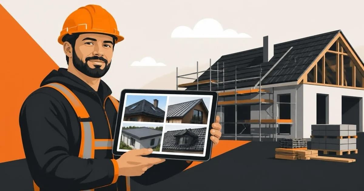 A builder in a hard hat holding a tablet showing a portfolio of completed roofing projects.