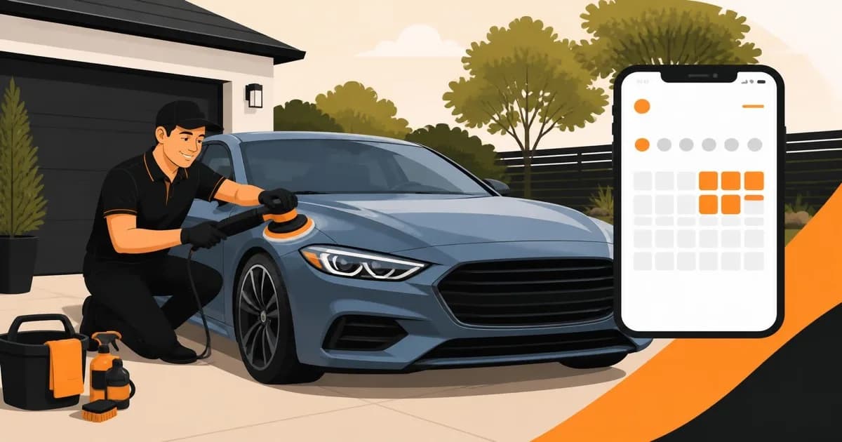 A car detailer in black gloves polishing a blue car's hood in a driveway, with a smartphone nearby showing a booking calendar app.