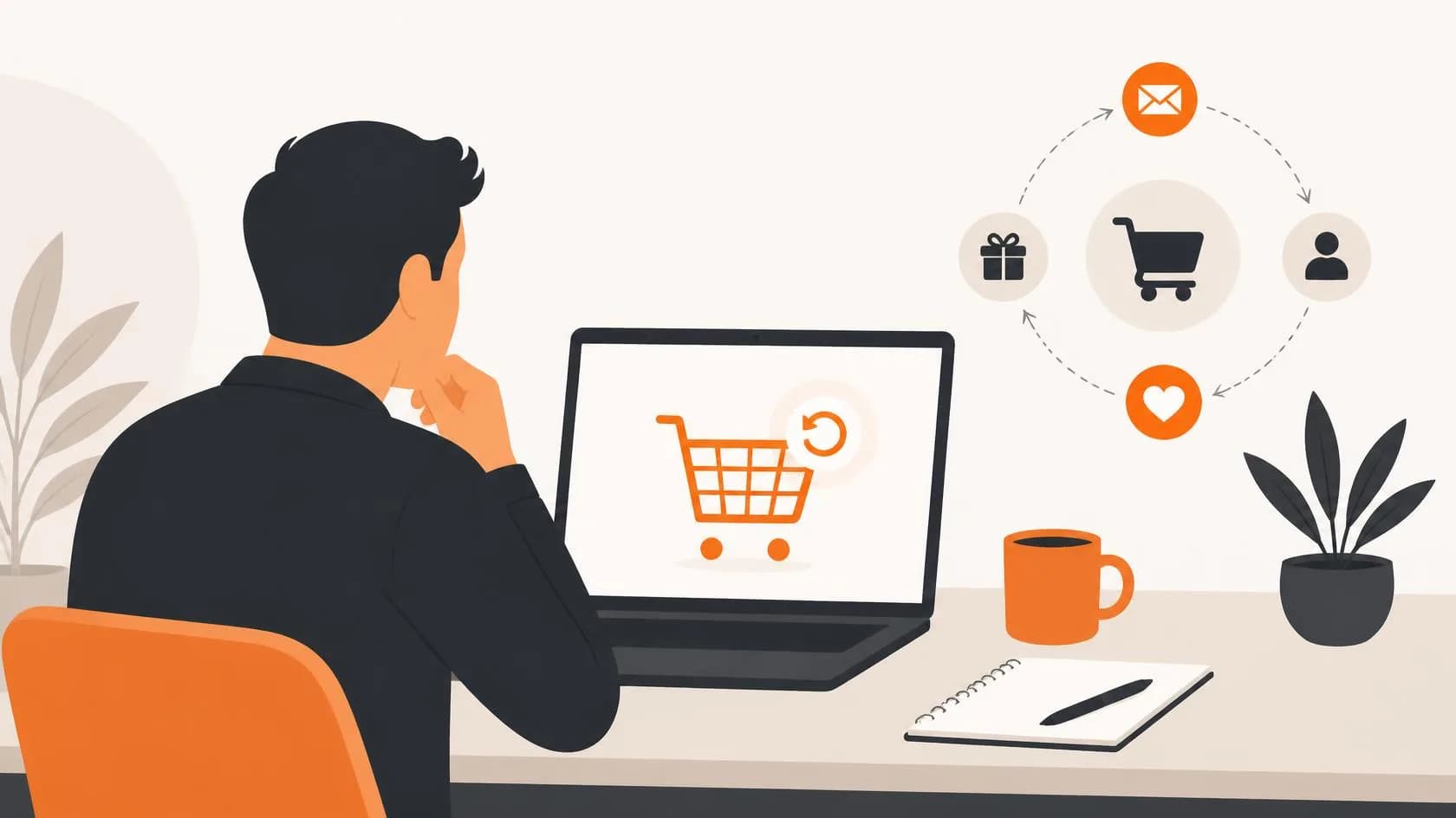 Illustration of a small business owner looking at a laptop with an abandoned shopping cart icon on screen
