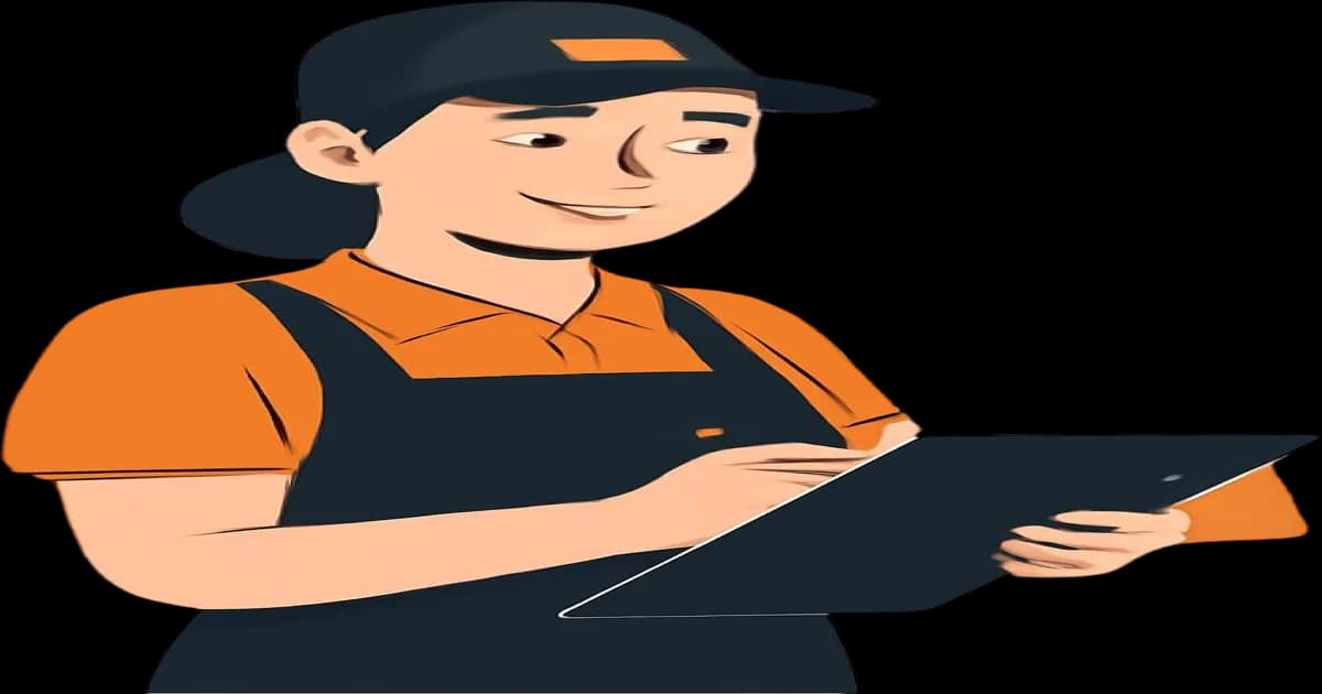 Illustration of a friendly cleaning company professional in an orange and black uniform reviewing a checklist on a clipboard