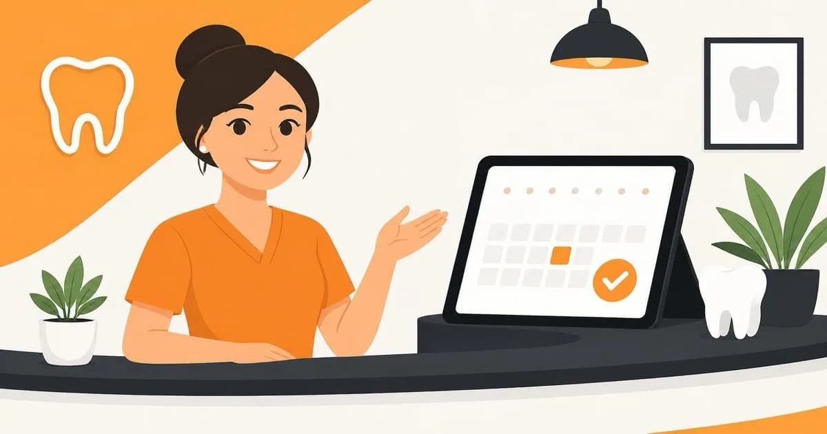 A friendly dental receptionist gesturing toward a tablet showing an online appointment booking calendar.