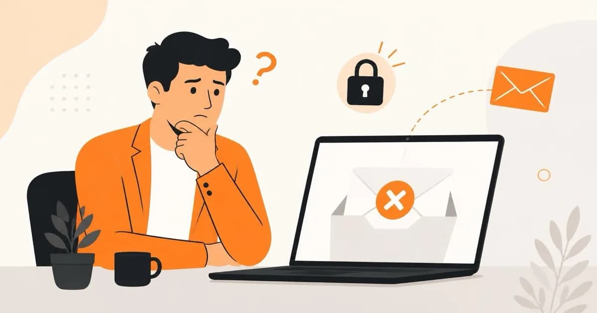 A business owner looks puzzled at a laptop showing an email marked as spam, next to a padlock and envelope icon.