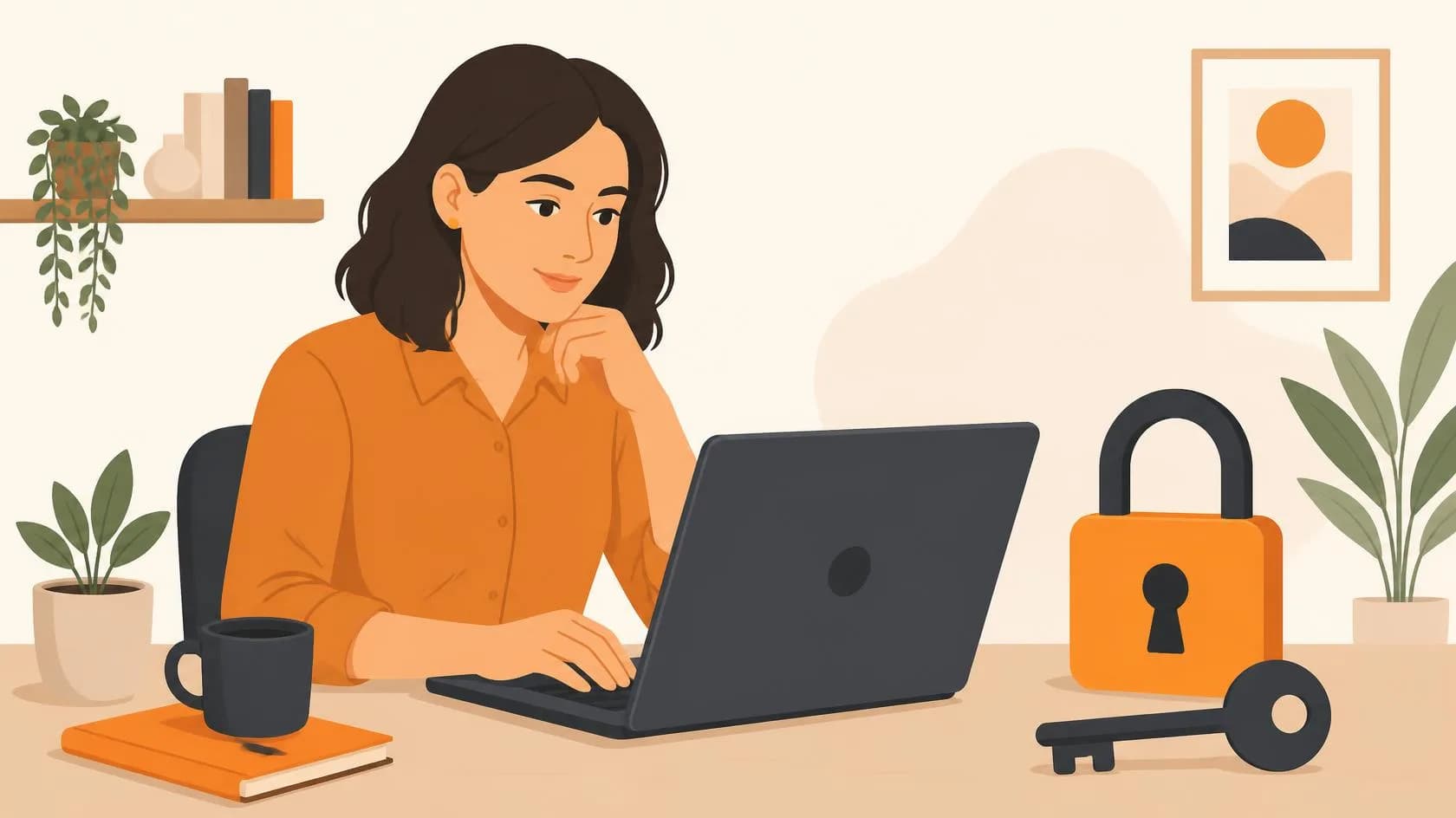A calm business owner reviewing website and domain account logins on a laptop at a desk, with a padlock and key illustrating account ownership.
