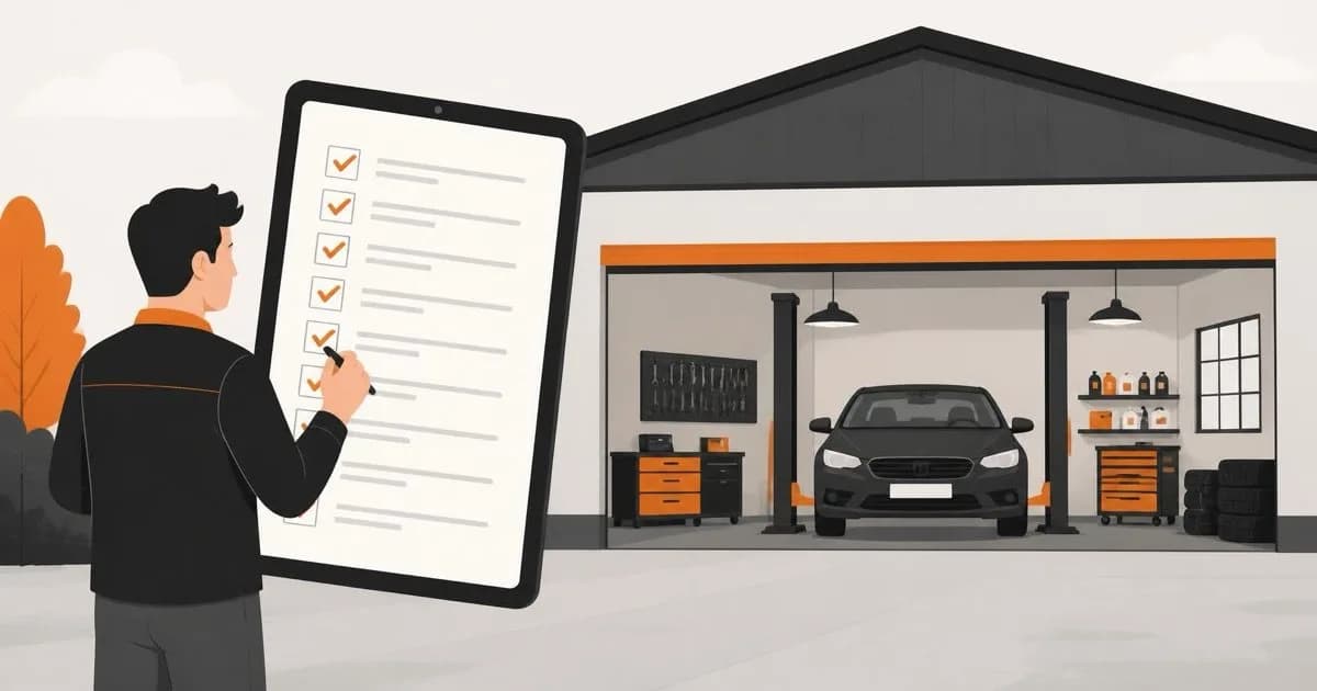 A mechanic reviewing a large checklist on a tablet, with his fully equipped garage and a car on the lift in the background.