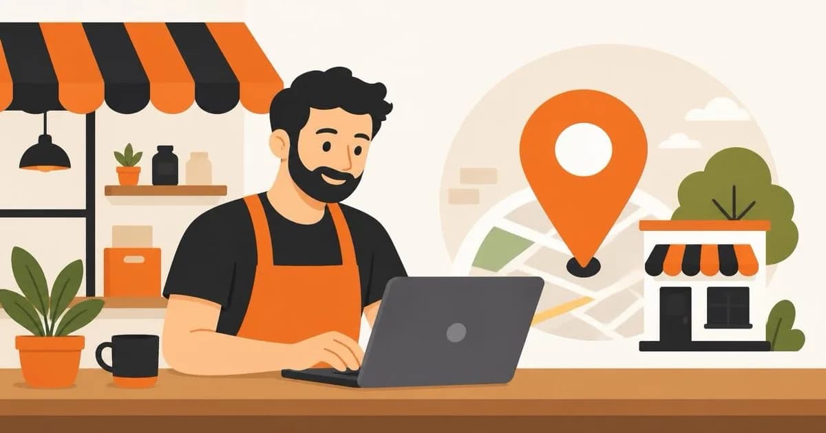 A friendly local shop owner updating their business information on a laptop, with a map pin icon representing their Google Business Profile listing, flat illustration style, orange and black color accents