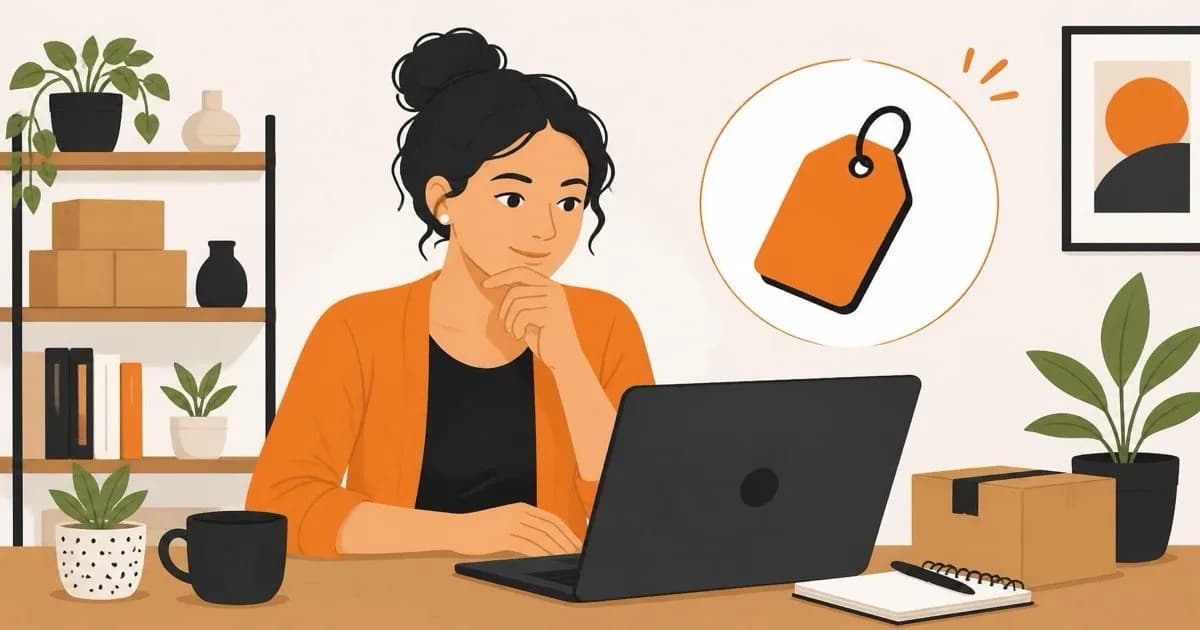 A small business owner thoughtfully looking at her laptop, with a price tag icon representing website cost considerations.