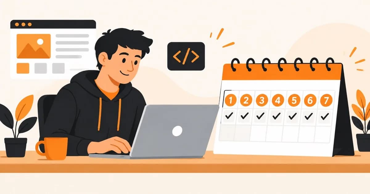 Illustration of a web developer at a laptop beside a 7-day countdown calendar with checkmarks on each day