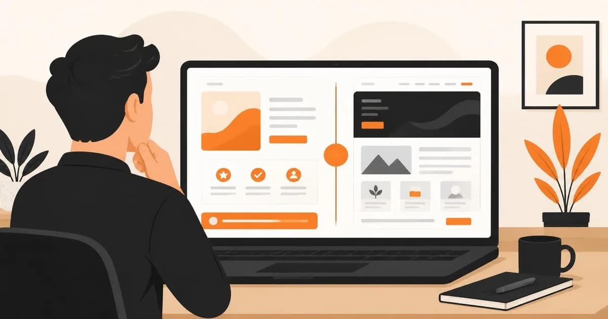 A person comparing two website layouts side by side on a laptop screen, flat illustration with orange and black accents