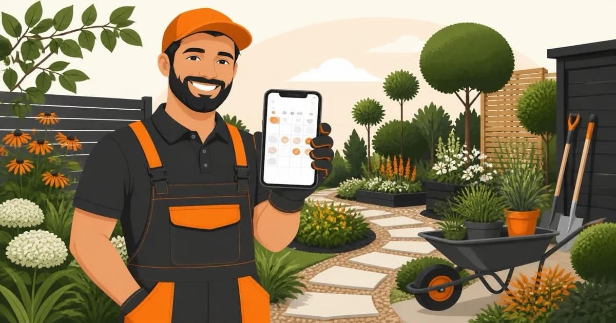 A smiling gardener holding a phone showing a full booking calendar, standing in a landscaped garden with his wheelbarrow and tools.