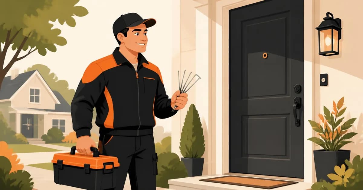 A friendly locksmith arriving at a front door with tools in hand, ready to help someone locked out, flat illustration style with orange and black accents