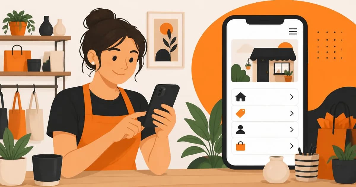 A friendly small business owner checking their website's mobile navigation menu on a smartphone at a shop counter, flat illustration style with orange and black accents
