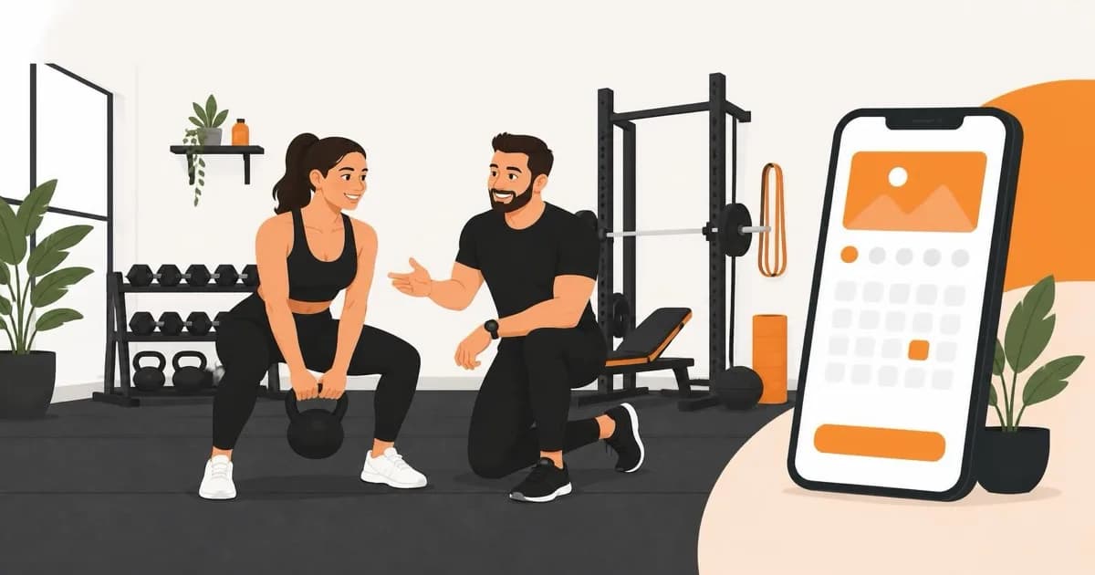 A friendly personal trainer coaching a smiling client in a small gym, with a phone showing a booking screen nearby, flat illustration style with orange and black accents.