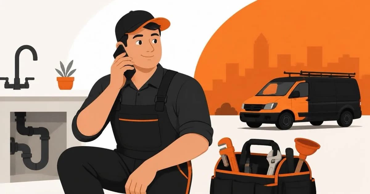 A plumber answering a phone call while kneeling by a sink, with his tool bag and service van in the background.