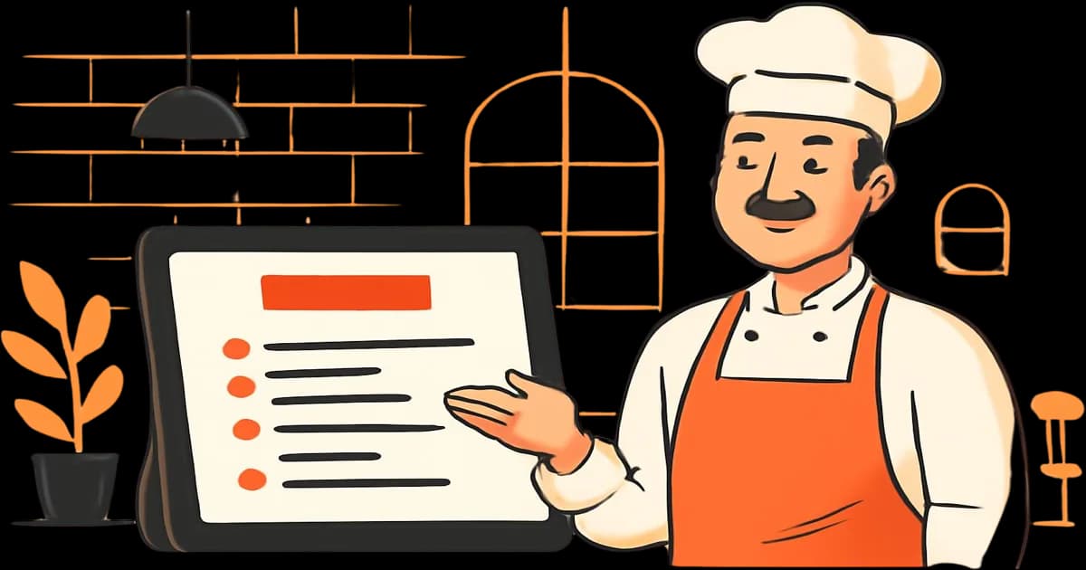 A friendly chef presenting a digital tablet showing an online restaurant menu.