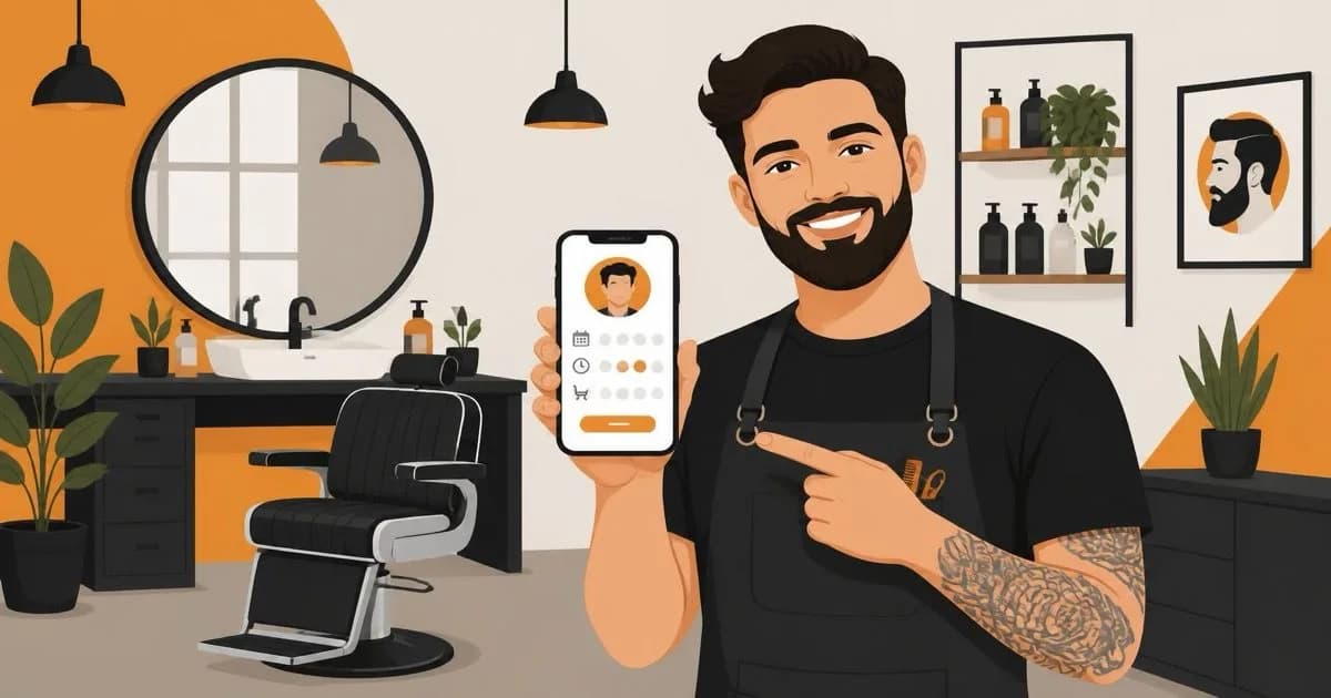 A smiling barber in his shop holding up a phone showing an online booking app.