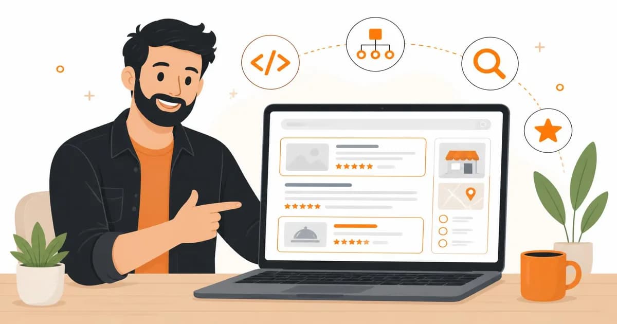A friendly web developer pointing to a laptop showing search results with star ratings, illustrating schema markup in search