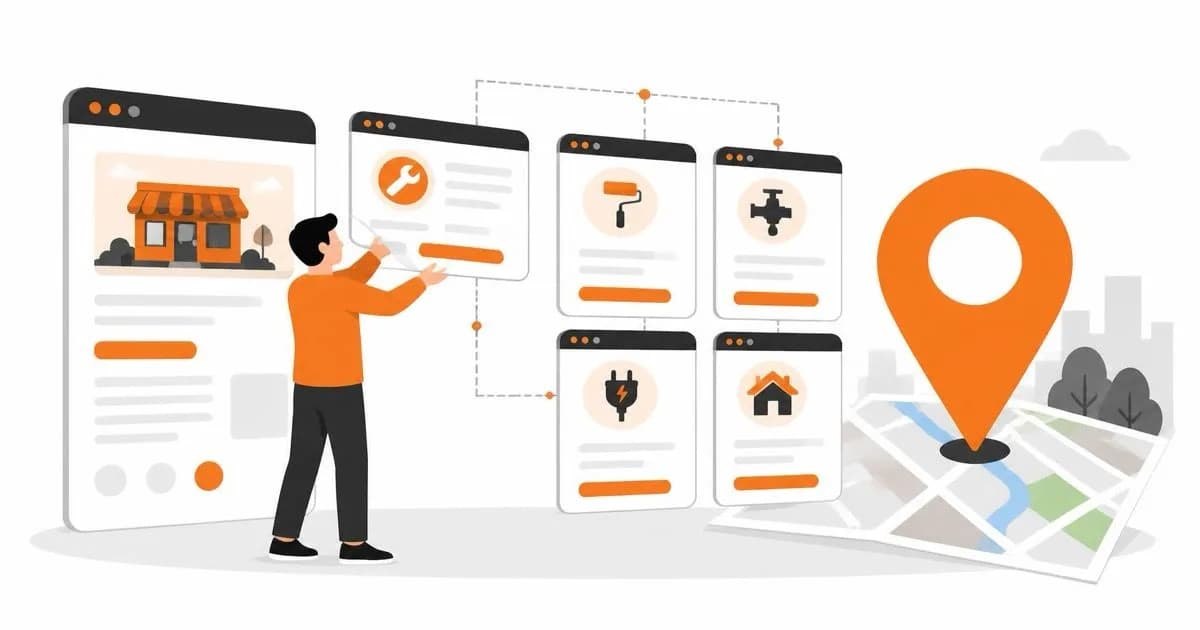 A person arranging separate website pages for different services, each with its own icon, next to a map pin representing local search.