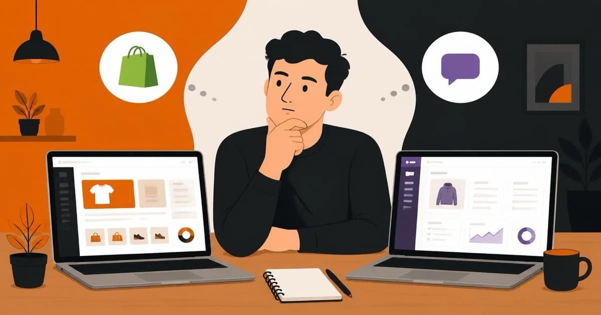 A small business owner comparing Shopify and WooCommerce platform options on a laptop, flat illustration style, orange and black color accents