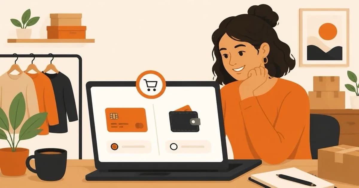 A smiling small business owner at a laptop comparing card and digital wallet checkout options on an online store screen, flat illustration style with orange and black accents