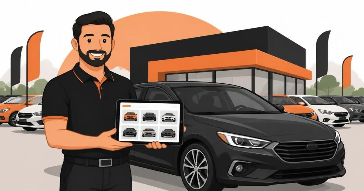 A car dealer at his lot holding a tablet showing an online car listings gallery, with the dealership and cars in the background.