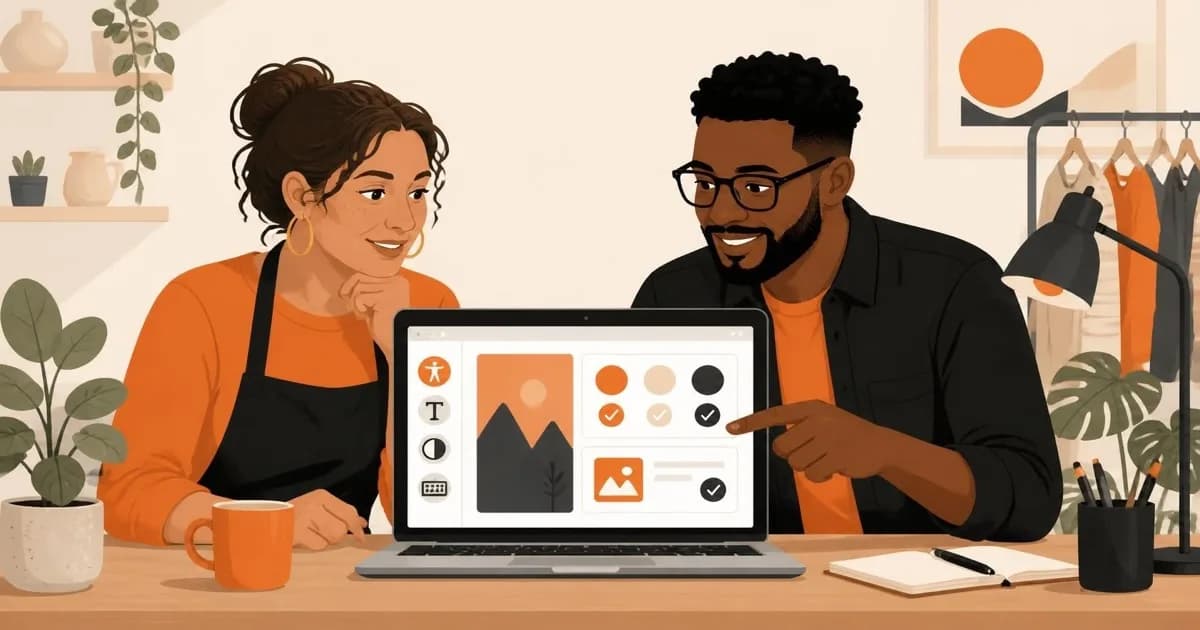 A small business owner and web developer reviewing website accessibility features, including contrast and alt text, on a laptop screen