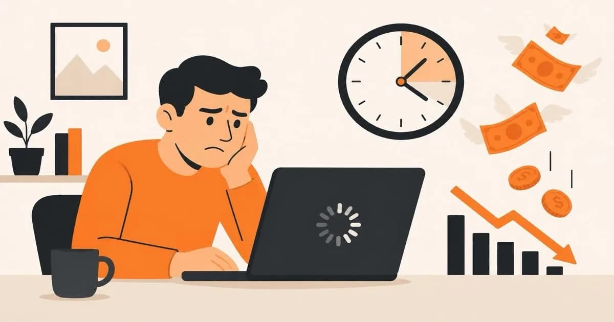 A frustrated visitor waiting for a slow-loading website, with a declining sales chart and lost money illustrating the cost of poor speed.