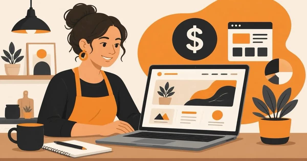 A small business owner smiling while reviewing her new website on a laptop, with pricing and analytics icons in the background.