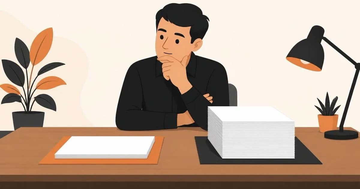 Flat illustration of a business owner at a desk comparing a thin website quote with a thick one