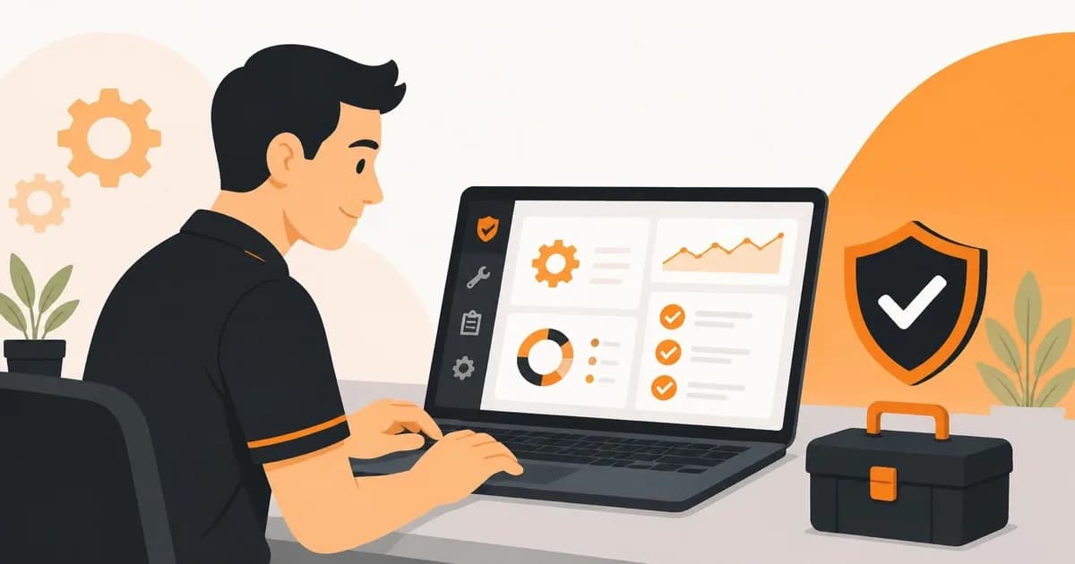 Illustration of a technician reviewing a website maintenance checklist and security shield on a laptop dashboard