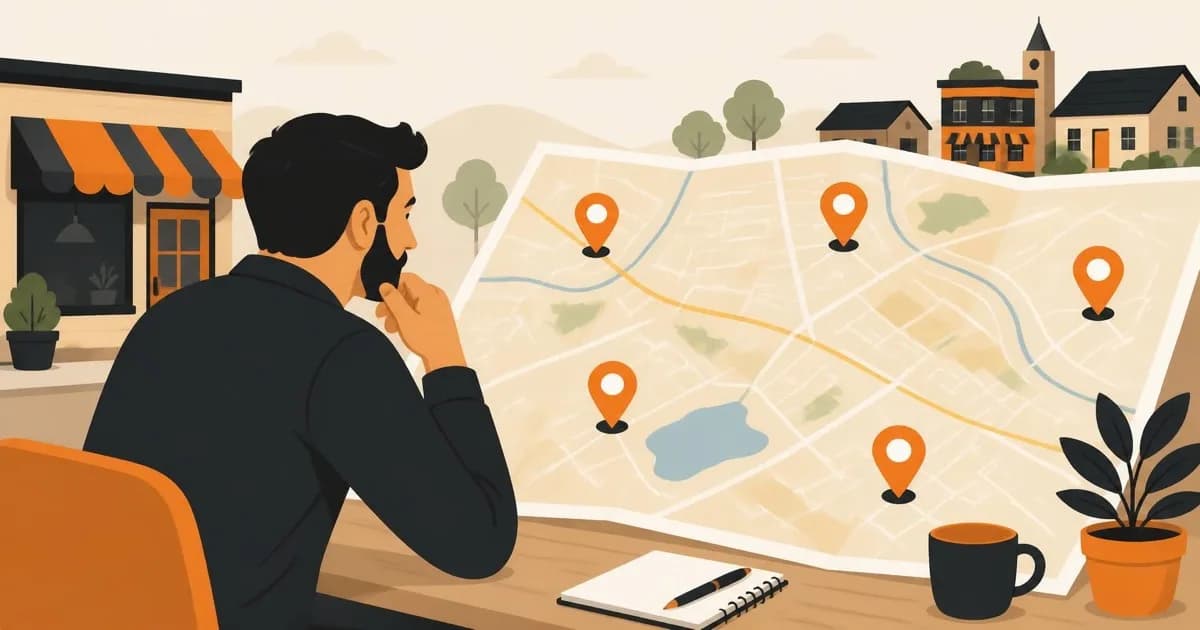 A small business owner studying a map marked with pins for several town locations, flat illustration style with orange and black accents.