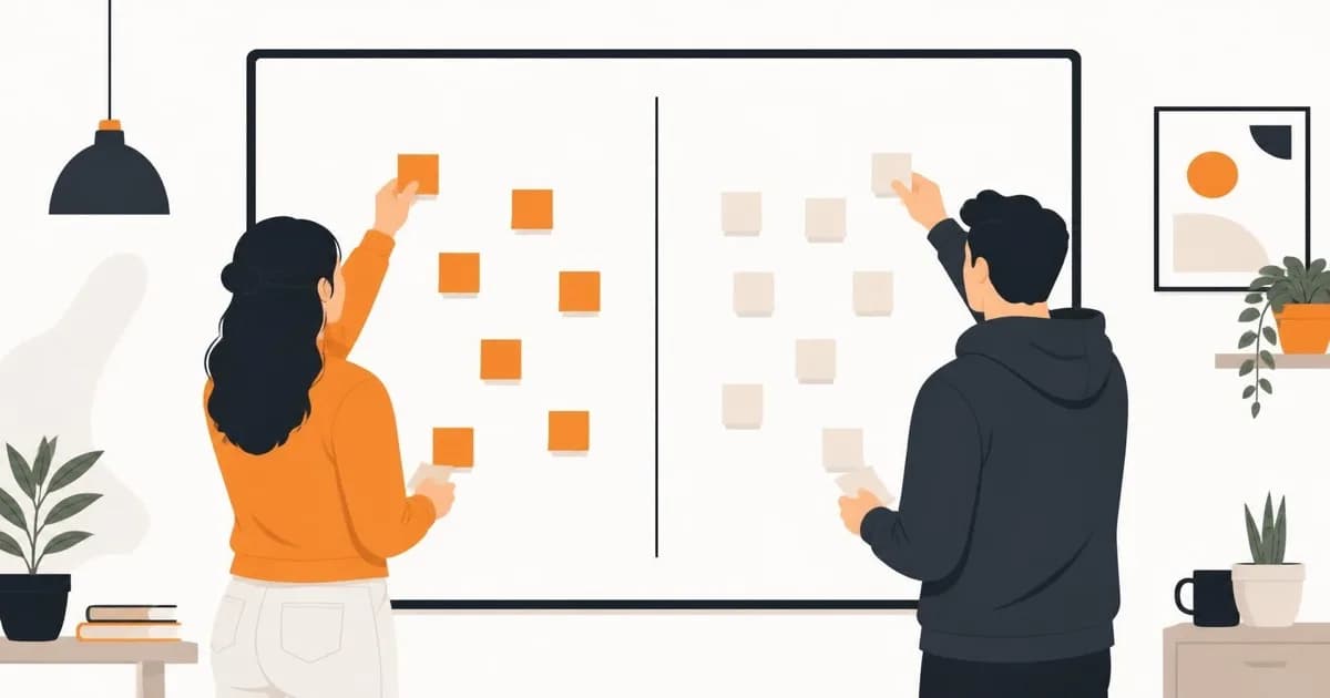Flat illustration of a founder and developer sorting sticky notes into keep and later columns while scoping an MVP