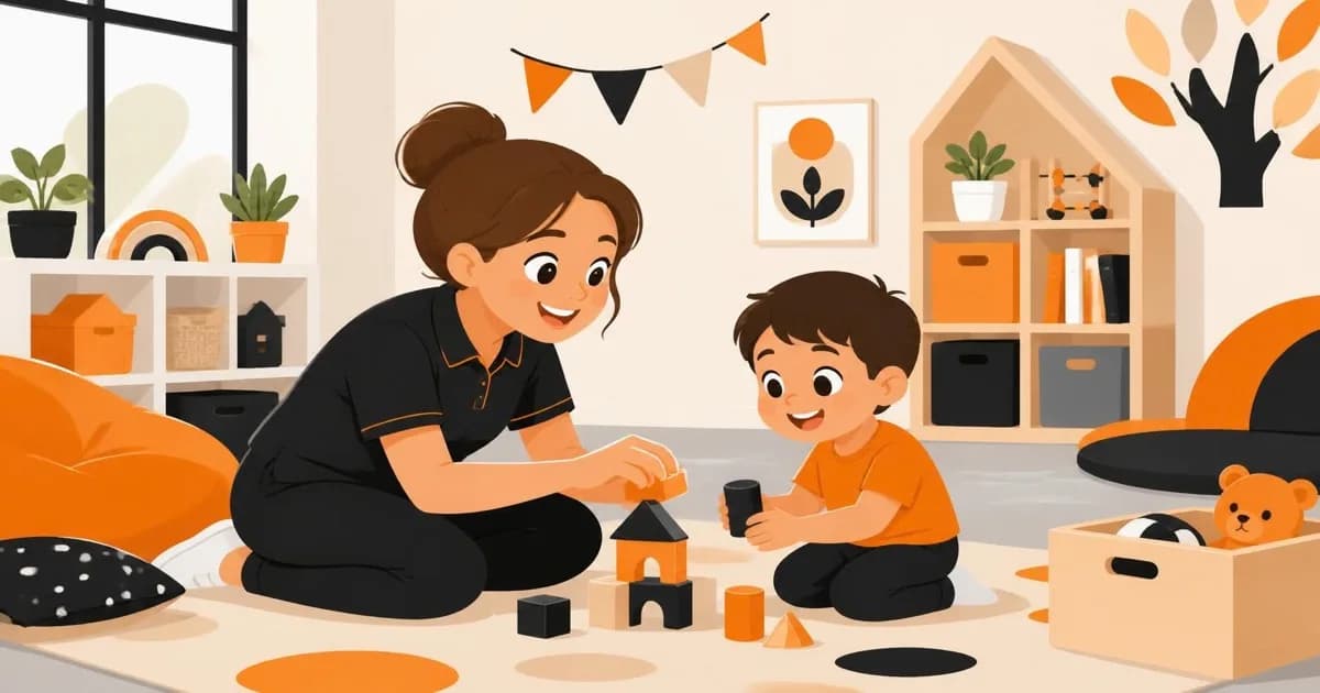 A nursery worker crouched down playing building blocks with a young child in a bright, orange-accented playroom.