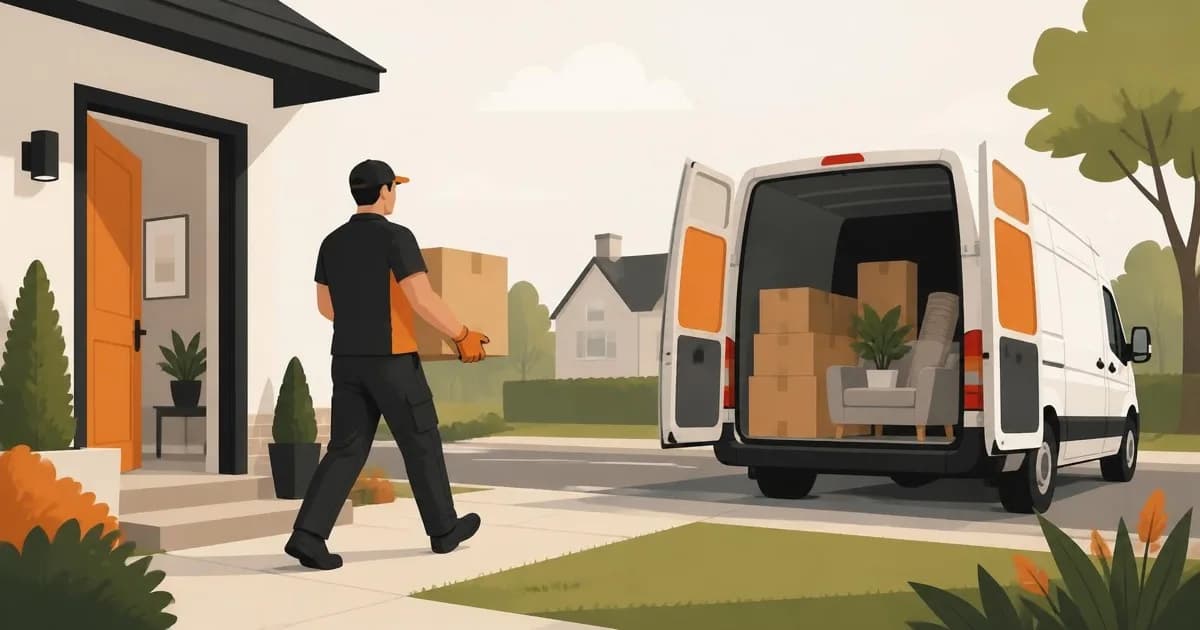 Man-and-van mover carrying a box out to a removals van outside a house, flat illustration style.