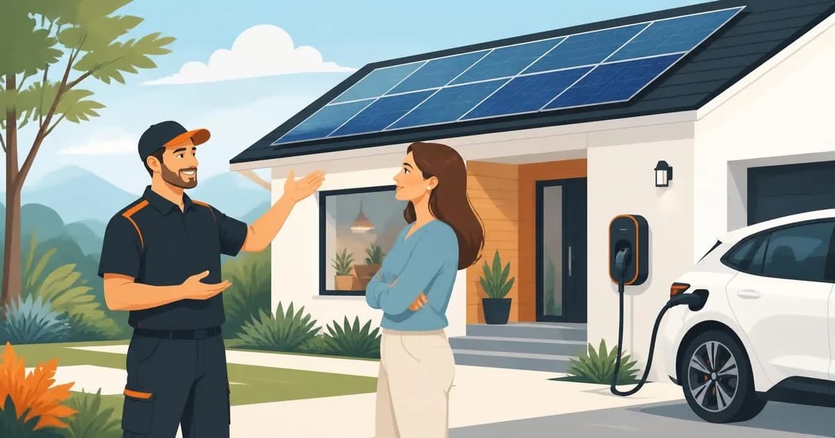 Solar installer and homeowner reviewing solar panels and an EV charger installed at a home