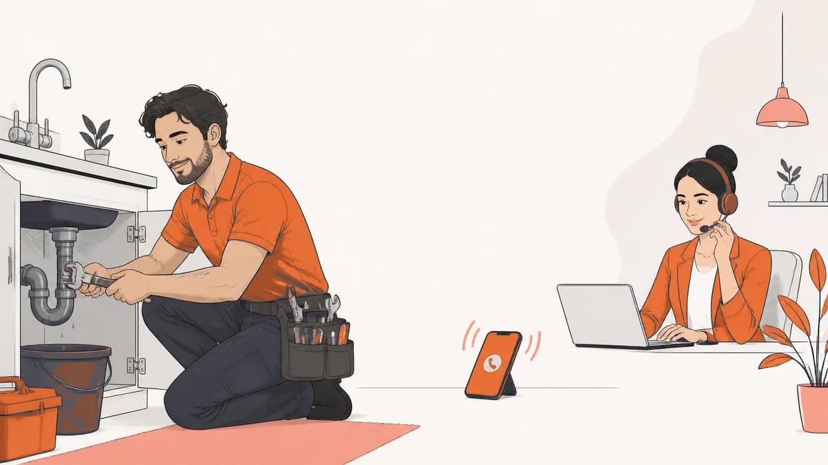 A plumber working under a sink while an assistant answers an incoming call