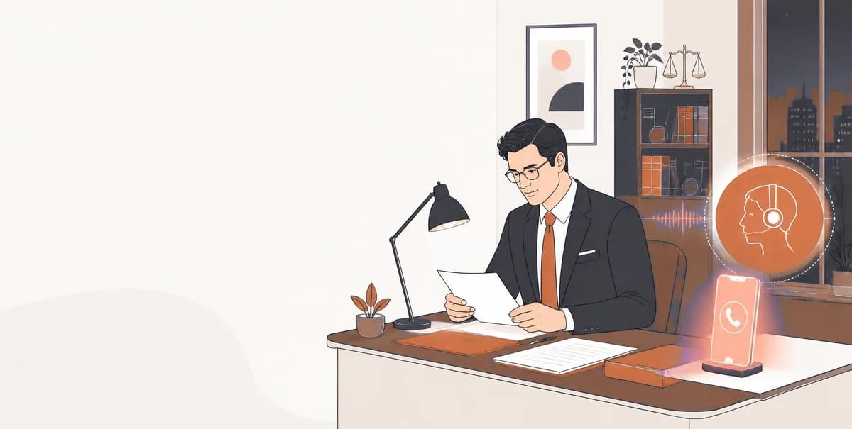 An attorney working late at a desk while an AI assistant handles an incoming call