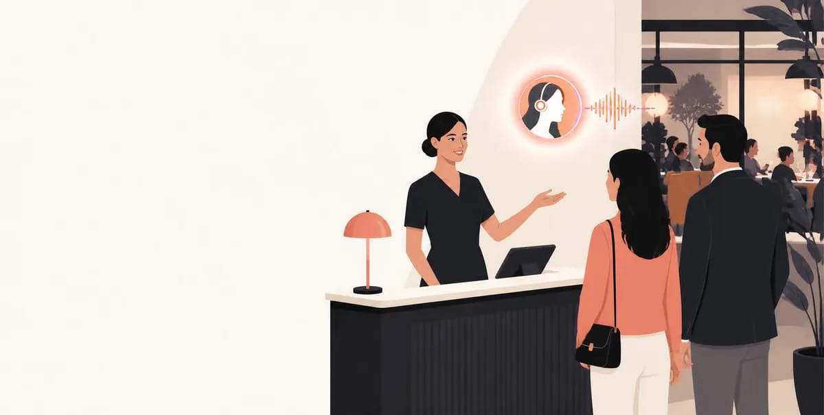 A restaurant host greeting guests at a reception desk while an AI assistant handles a call