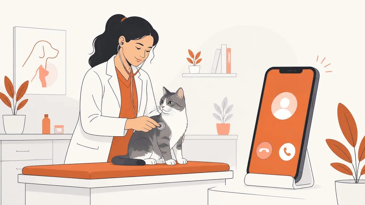 A veterinarian examining a cat while an incoming call is handled automatically