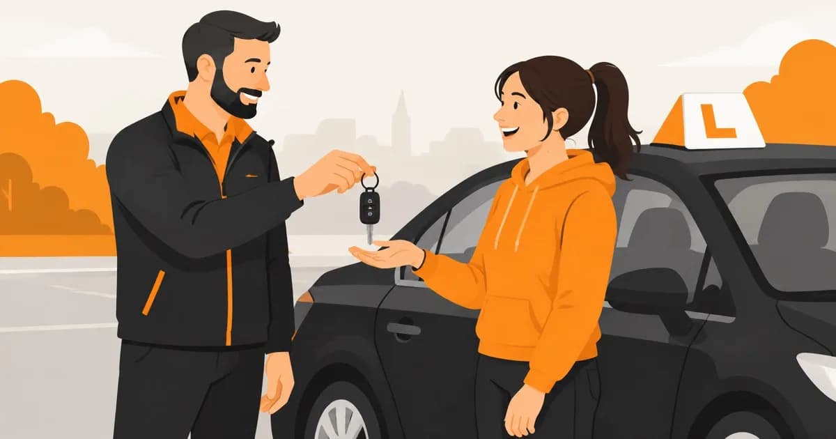A driving instructor handing car keys to a smiling learner driver standing beside a car with an L-plate