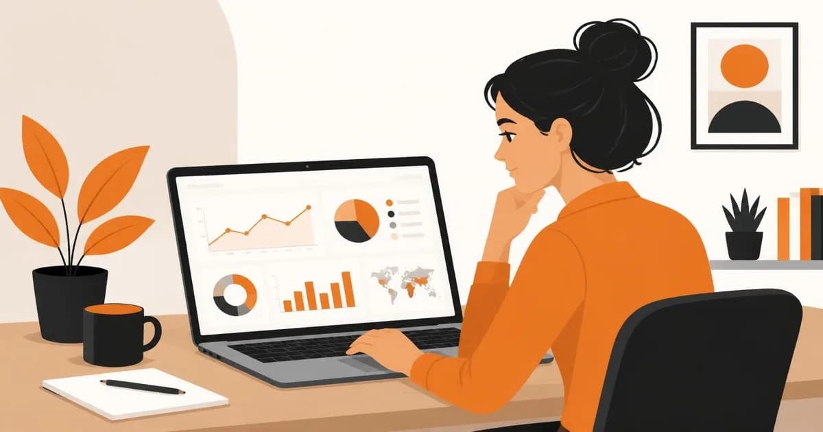 A small business owner reviewing a Google Analytics dashboard with charts on a laptop at a desk.