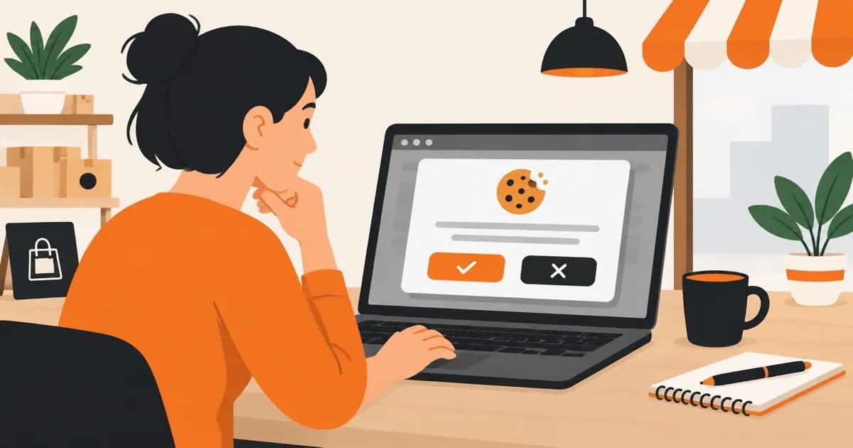 Illustration of a small business owner reviewing a cookie consent popup with accept and reject buttons on a laptop screen