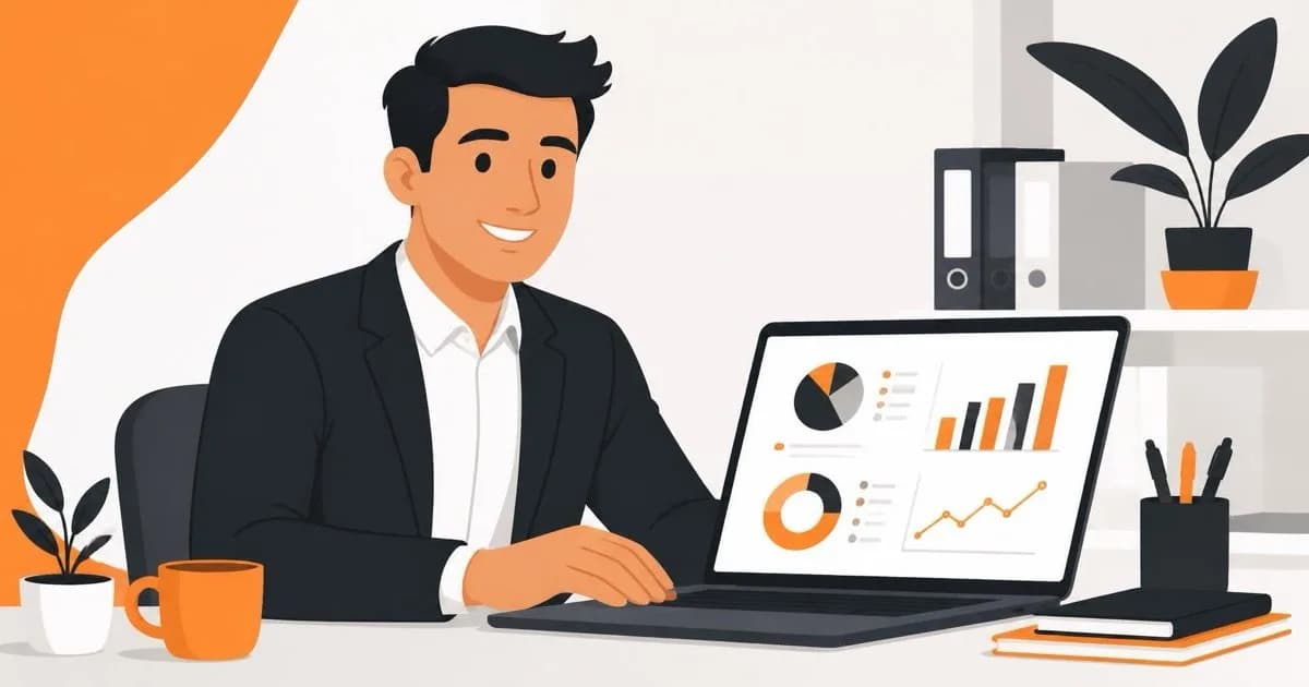 A smiling accountant working at a laptop showing financial charts and graphs.