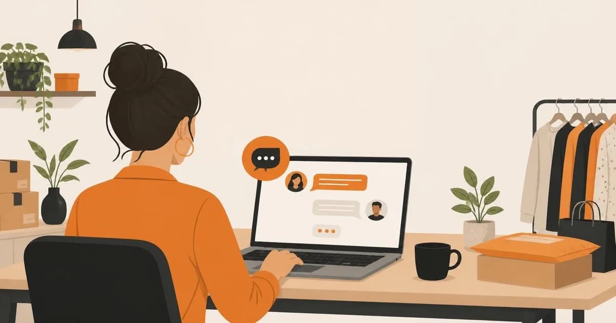 A business owner sitting at a laptop viewing a customer chat conversation, flat illustration in orange and black.